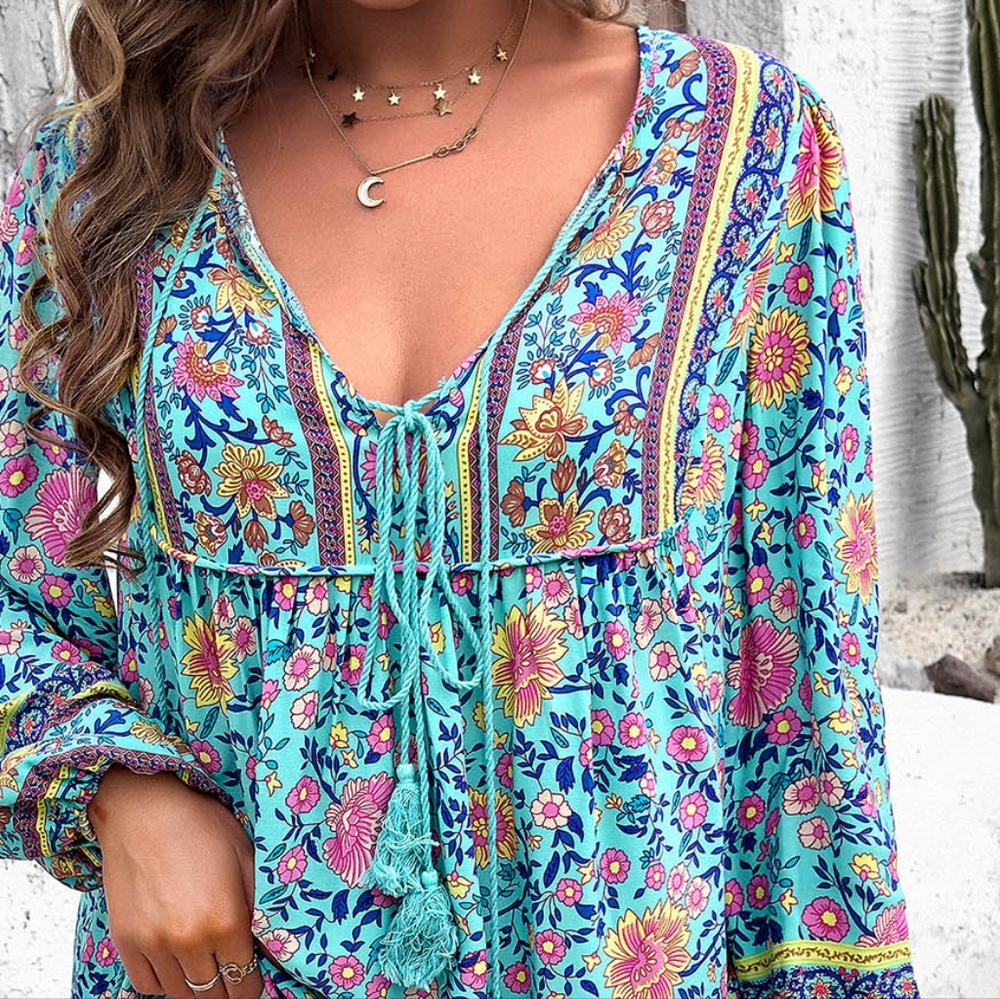Floral Aqua Bohemian Blouse with Tassels - Picture 2 of 9